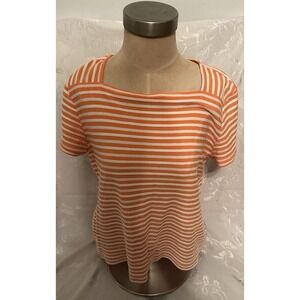 Liz Claiborne Top Women L Orange White Stripe Square Neck T-Shirt Short‎ Sleeve